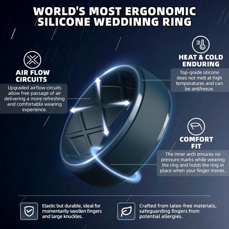 Egnaro Men's Silicone Rings 10mm Wide 2.5mm Thick Rubber Wedding Bands, Multipack 1/4/7 Breathable Comfort Fit For Workout - Image 2