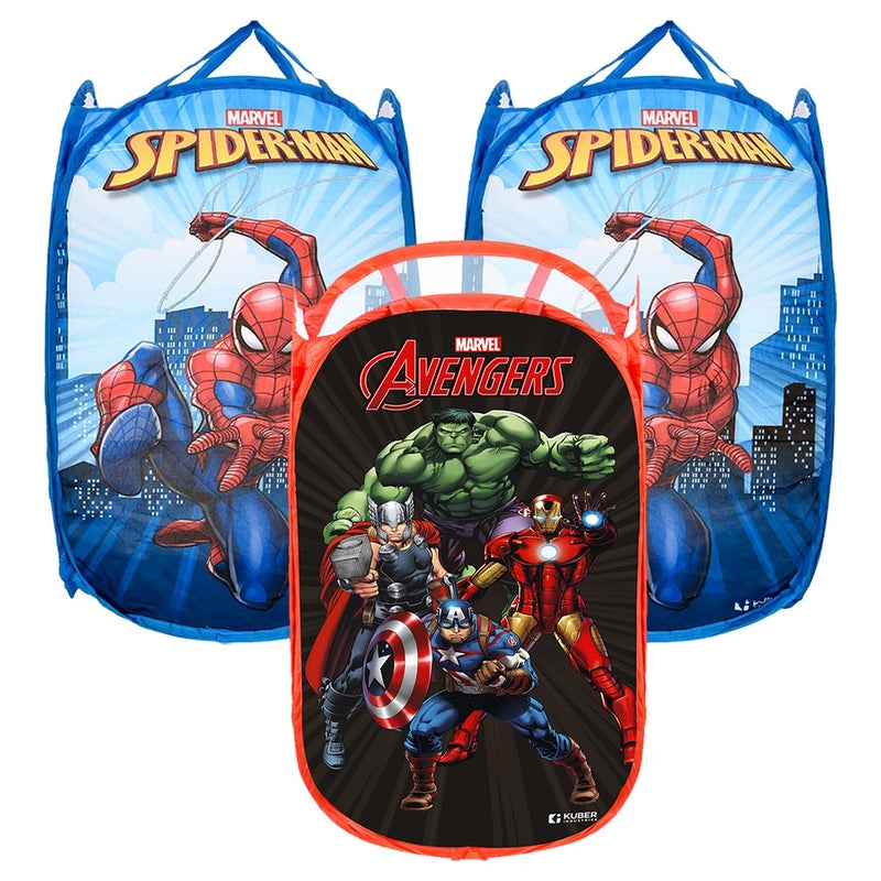 Kuber Industries Laundry Basket | Marvel Avengers & Spiderman Net Foldable Laundry | Nylon Storage Basket with Handle | Toy Storage Basket | 30 LTR | Pack of 3 | Multicolor - Image 1