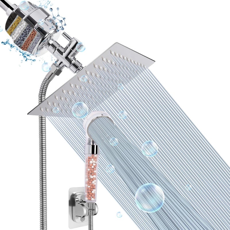 HarJue Filter Shower Head, High Pressure 8 Inch Rainfull with Filter Combo for Hard Water, Remove Chlorine Fluoride and Harmful Substances- 1 Replaceable Filter Cartridge (Square, Chrome) - Image 1