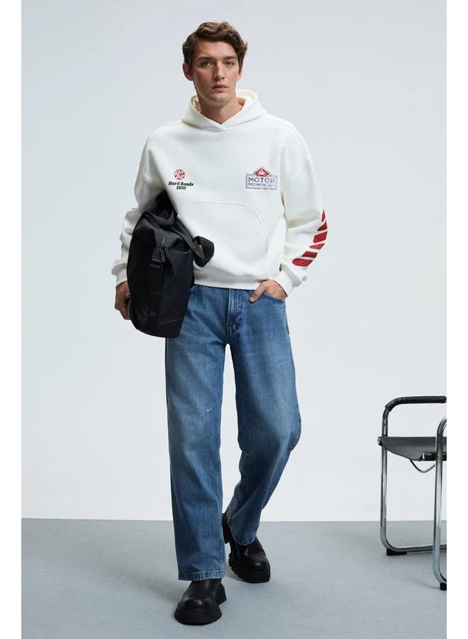 GRIMELANGE ABISMO Men's Hooded Sweatshirt with Kangaroo Pocket, Printed Sleeves and Back, Relaxed Fit, White.