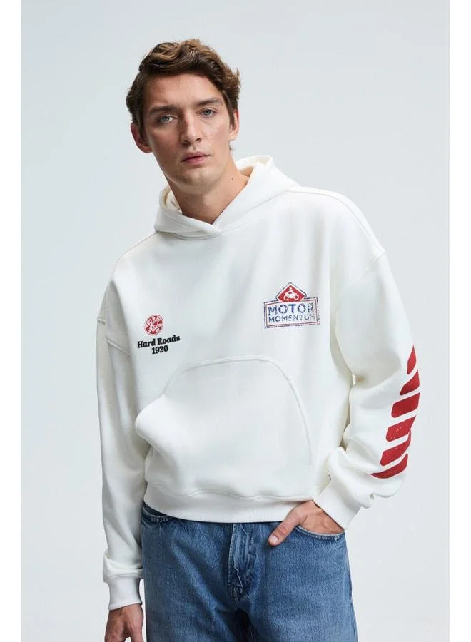 GRIMELANGE ABISMO Men's Hooded Sweatshirt with Kangaroo Pocket, Printed Sleeves and Back, Relaxed Fit, White.