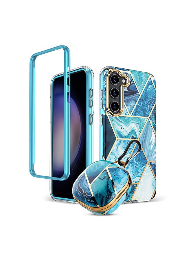 O Ozone Marble Bundle for Samsung Galaxy S23 Plus Case + Galaxy Buds Case Full-Body Smooth Gloss Finish Marble Shockproof Bumper Stylish Cover(Blue) - Image 1