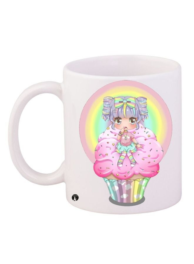 RYN Cartoon Girl Printed Coffee Mug White/Pink/Purple 11ounce