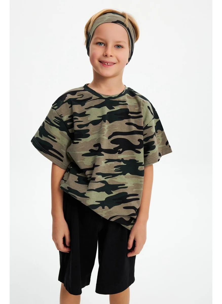 Babygiz Camouflage-Camouflage Boy's Cotton Combed Oversize Camouflage T-Shirt Bandana Double Suit