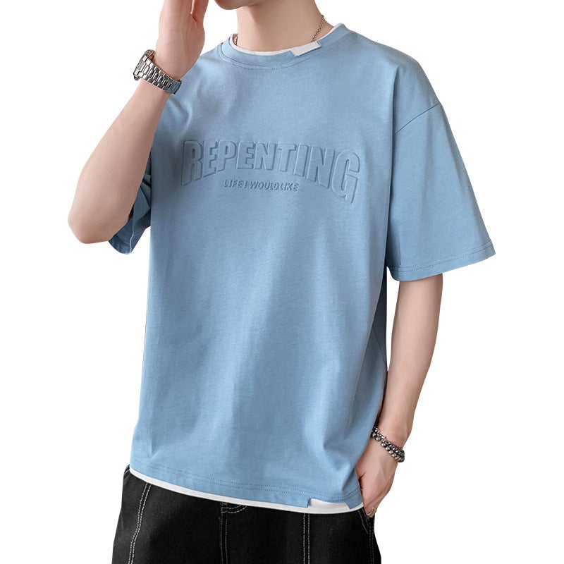 Fake Two-piece Short-sleeved T-shirt Boys Summer Trendy Loose Teenage Junior High School Students Half-sleeved Top - Image 1
