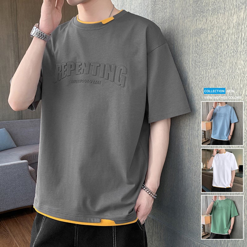 Fake Two-piece Short-sleeved T-shirt Boys Summer Trendy Loose Teenage Junior High School Students Half-sleeved Top - Image 2