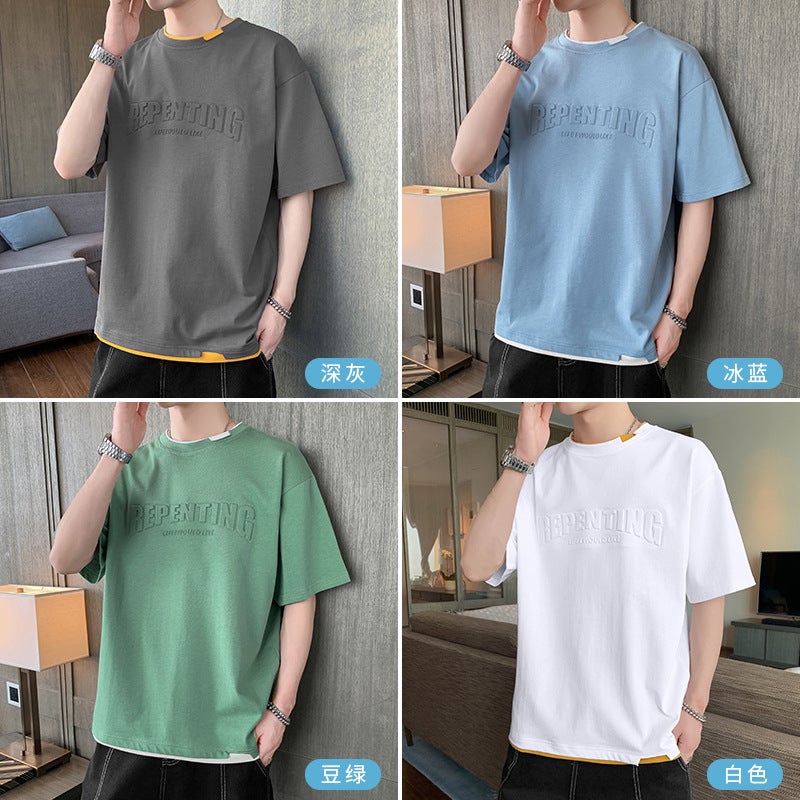 Fake Two-piece Short-sleeved T-shirt Boys Summer Trendy Loose Teenage Junior High School Students Half-sleeved Top - Image 5