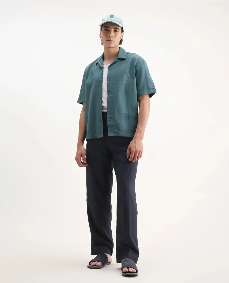 Rare Rabbit Men's Boxy Fit Cuban Collared Embroidered Shirt
