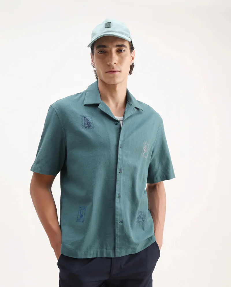 Rare Rabbit Men's Boxy Fit Cuban Collared Embroidered Shirt