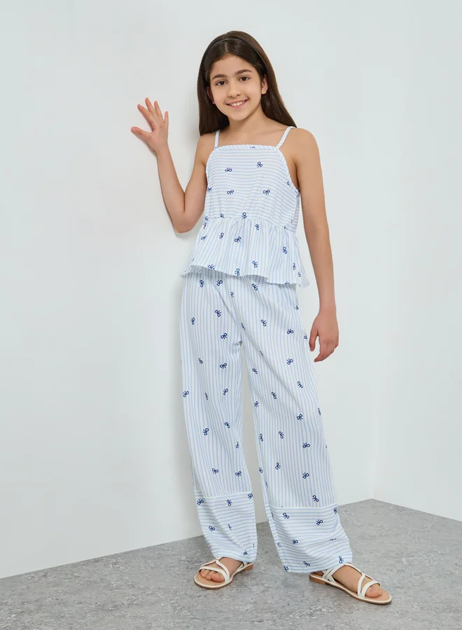 Styli Girls All-Over Bow Print Strappy Top and Pants Set