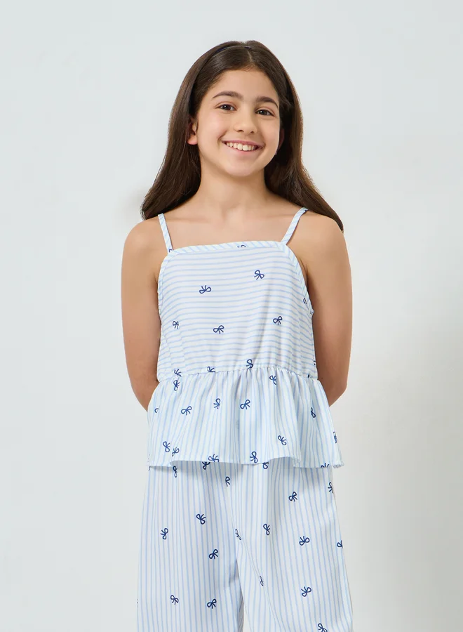 Styli Girls All-Over Bow Print Strappy Top and Pants Set