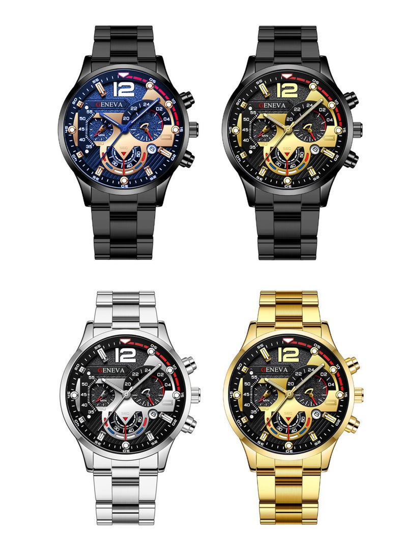 Geneva 4pcs Fashion Men'S Quartz Watch Combo, Shock-Resistant Round Analog Display, Alloy Band & Case(Without Box) - Image 1