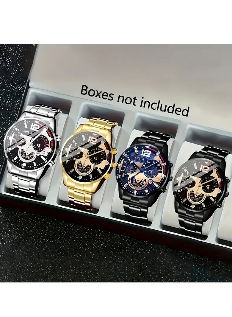 Geneva 4pcs Fashion Men'S Quartz Watch Combo, Shock-Resistant Round Analog Display, Alloy Band & Case(Without Box) - Image 2