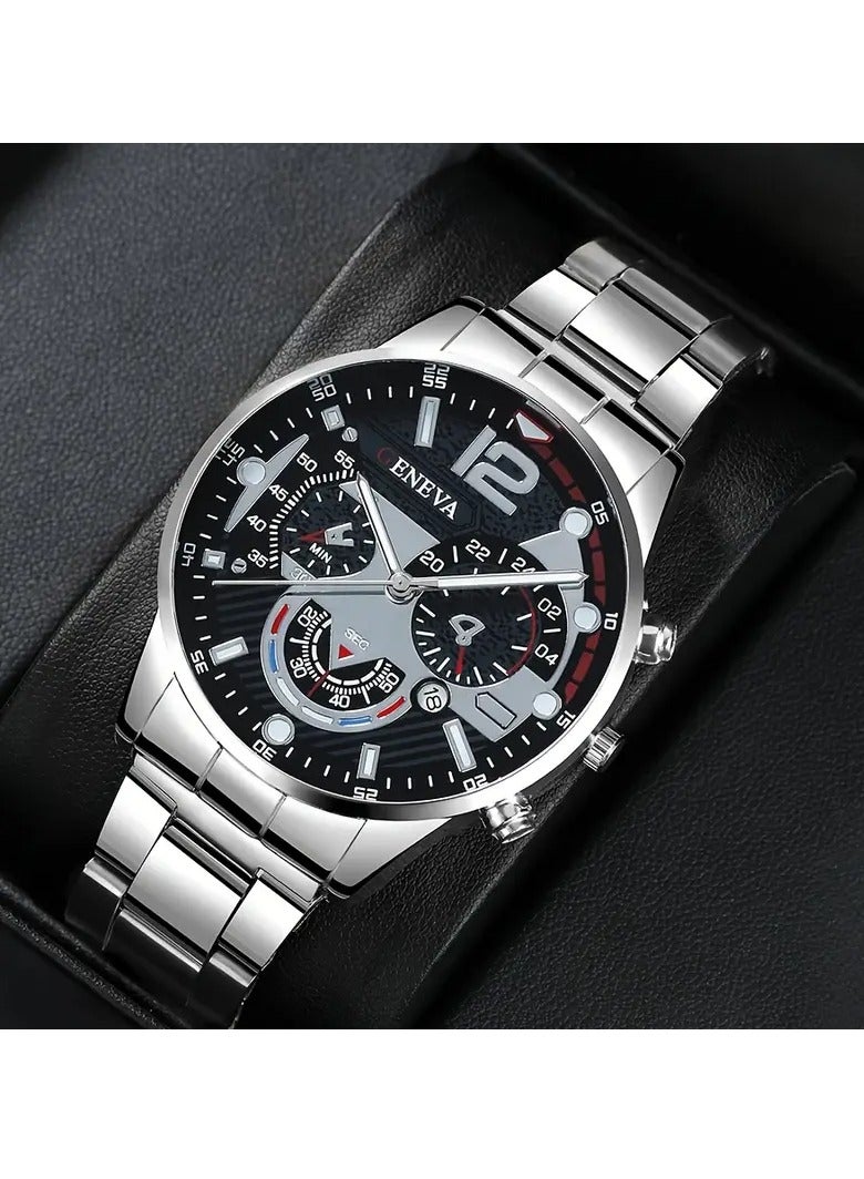 Geneva 4pcs Fashion Men'S Quartz Watch Combo, Shock-Resistant Round Analog Display, Alloy Band & Case(Without Box) - Image 3