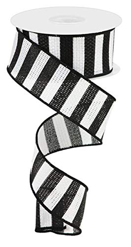 Horizontal Stripe Wired Edge Ribbon  10 Yards White Black 15 Inch