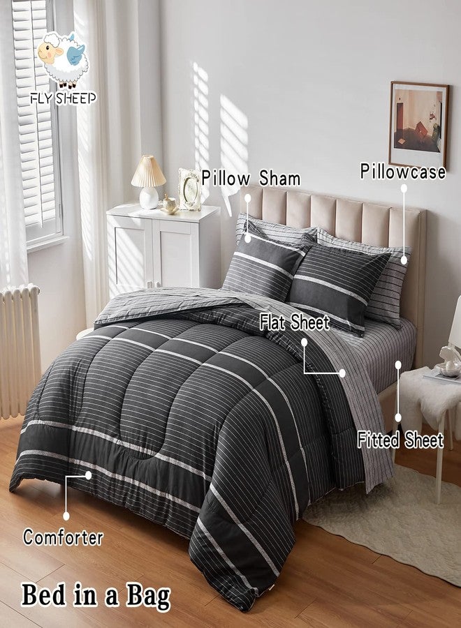 Flysheep Ombre Boho Striped Bed in a Bag 7 Pieces Queen Size, White Striped on Black Dark Gray Comforter Sheet Set (1 Comforter, 1 Flat Sheet, 1 Fitted Sheet, 2 Pillow Shams, 2 Pillowcases) - Image 2