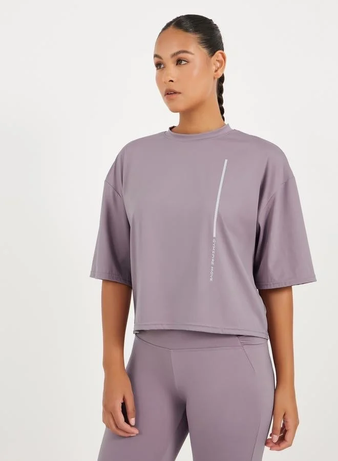 Styli Active Gymspire Edition - Label Striped and Text Print Boxy Short Sleeve Top