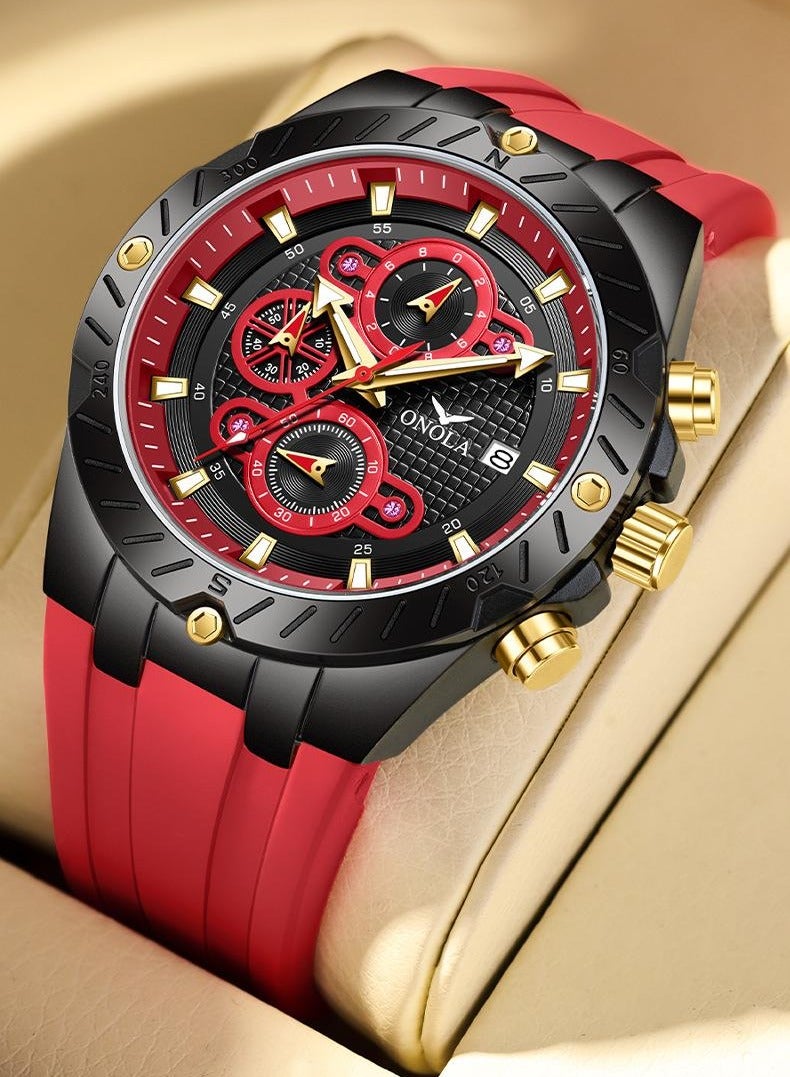 ONOLA ​​ONOLA Men's Multifunction Chronograph Quartz Watch - Black Case with Red Bezel, Stopwatch Feature, 30M Water Resistance, Ideal for Daily Wear, Gym Training & Casual Activities​​ - Image 4