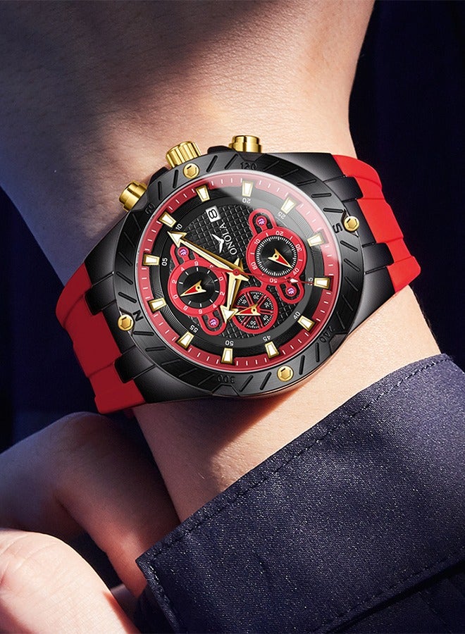 ONOLA ​​ONOLA Men's Multifunction Chronograph Quartz Watch - Black Case with Red Bezel, Stopwatch Feature, 30M Water Resistance, Ideal for Daily Wear, Gym Training & Casual Activities​​ - Image 5