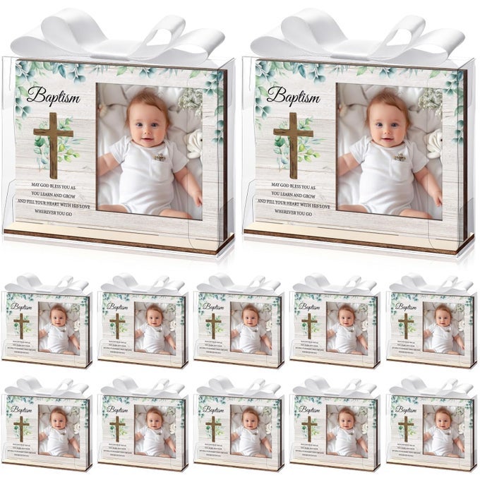 12 SET BAPTISM PICTURE FRAME CATHOLIC BAPTISM GIFTS WOOD PHOTO FRAME BABY SHOWER FAVOR WITH CLEAR PLASTIC CLEAR BOXES AND SATIN RIBBON BOWS FOR RELIGIOUS FIRST COMMUNION DECOR