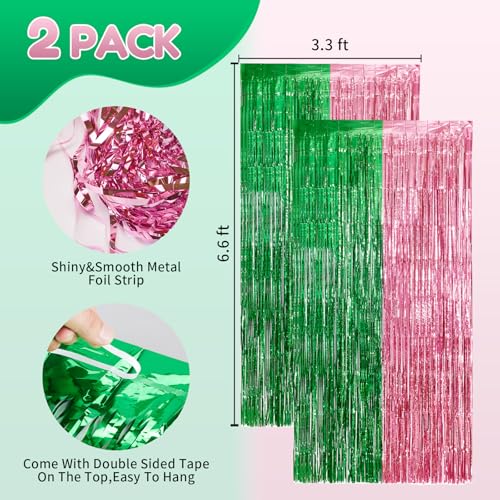Vagilelf 2 Pack Pink and Green Party Decorations Tinsel Foil Fringe Backdrop 3.3’x6.6’, Wicked Party & Halloween Streamer, Durable Metallic Tassel Create Photo Booth & Entrance - Image 2