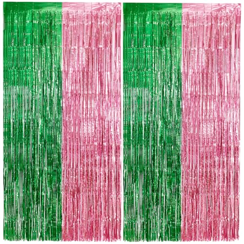 Vagilelf 2 Pack Pink and Green Party Decorations Tinsel Foil Fringe Backdrop 3.3’x6.6’, Wicked Party & Halloween Streamer, Durable Metallic Tassel Create Photo Booth & Entrance - Image 1