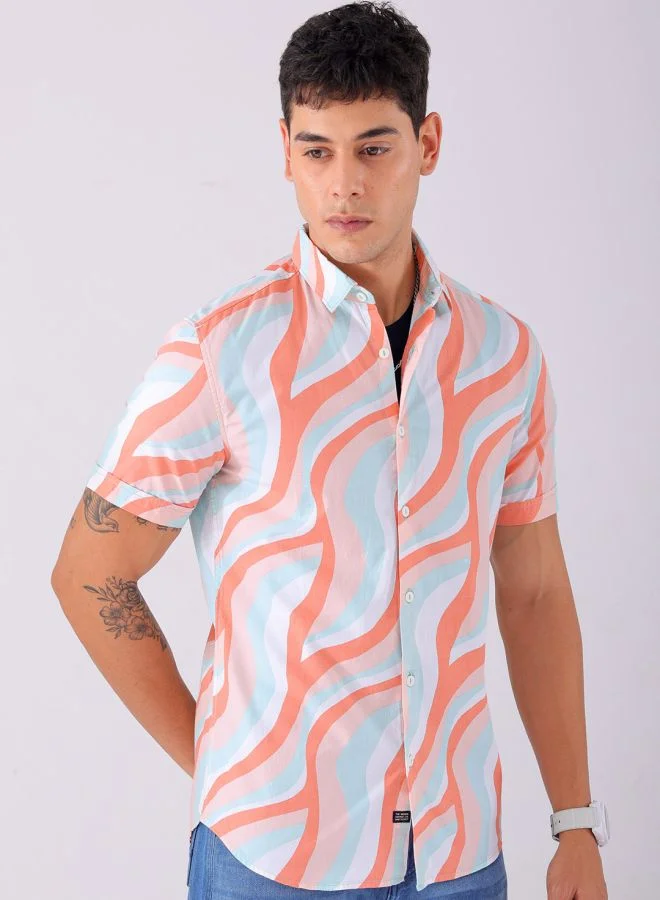 The Indian Garage Co Men Regular Fit Abstract Printed Half Sleeves Cutaway Collar Casual Shirt
