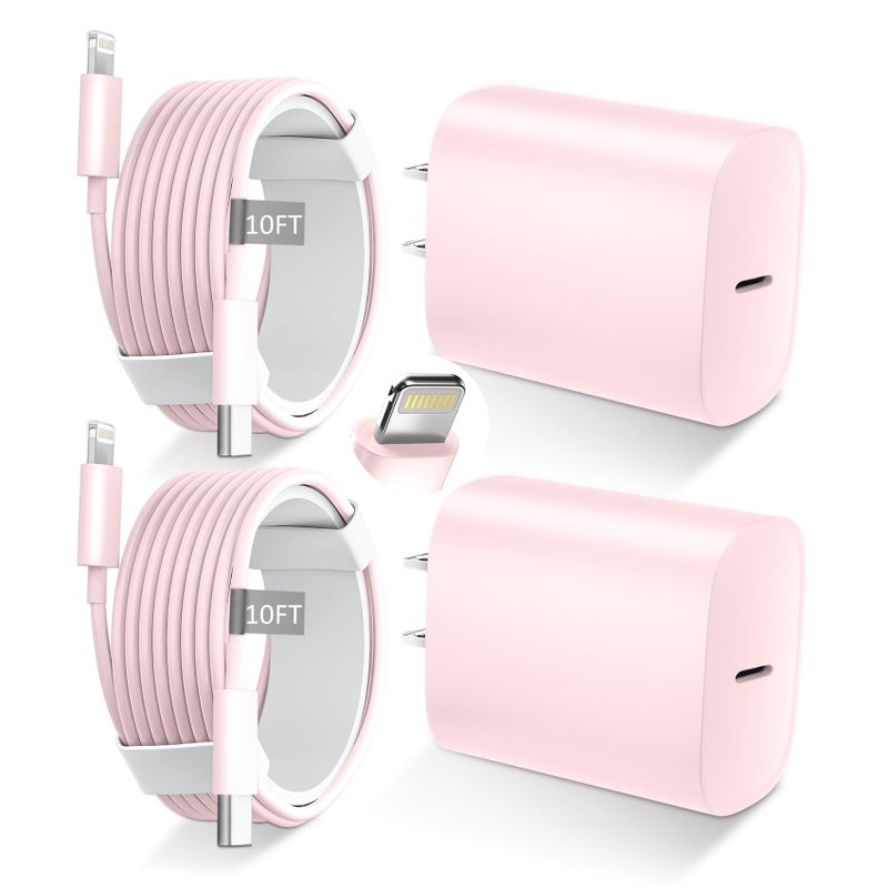 DiHines Phone 14 13 12 11 Fast Charger,10FT Long Fast Charging Lightning Cable with 20W USB C Charger Block for Phone 14/14 Pro Max/13/13 Pro Max/12/12 Pro Max/11/11Pro/XS/Max/XR/X,Pad,Pink - Image 1