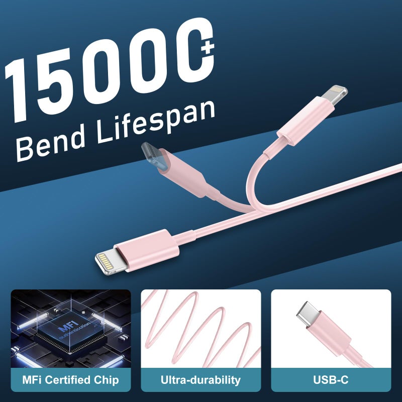 DiHines Phone 14 13 12 11 Fast Charger,10FT Long Fast Charging Lightning Cable with 20W USB C Charger Block for Phone 14/14 Pro Max/13/13 Pro Max/12/12 Pro Max/11/11Pro/XS/Max/XR/X,Pad,Pink - Image 4