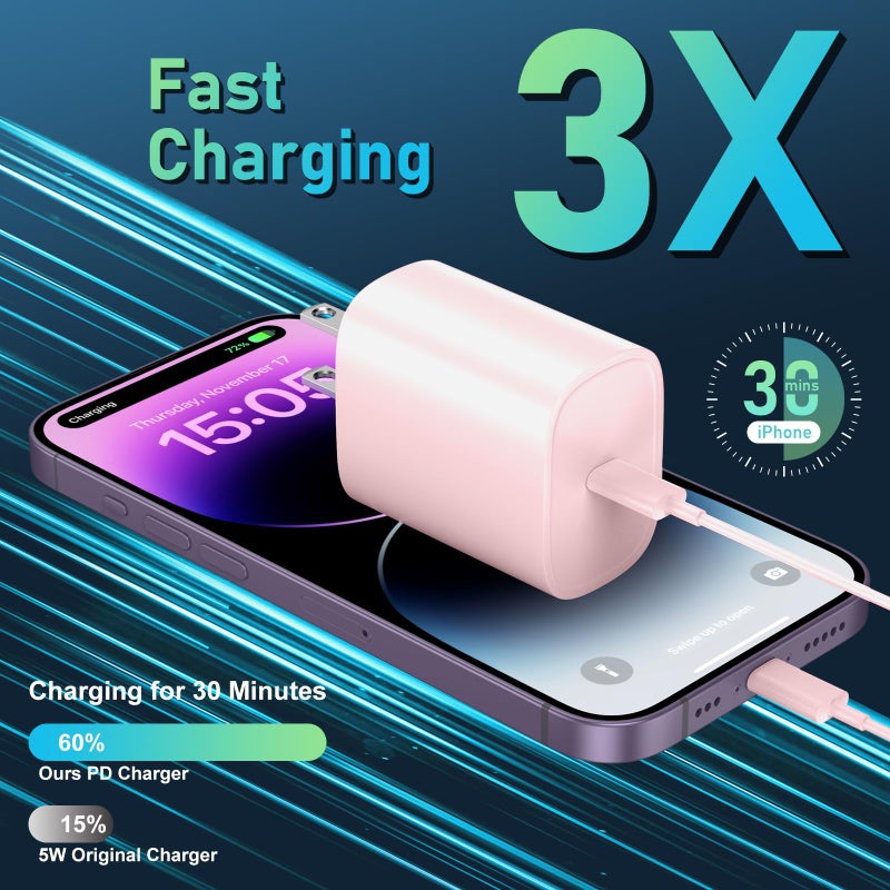DiHines Phone 14 13 12 11 Fast Charger,10FT Long Fast Charging Lightning Cable with 20W USB C Charger Block for Phone 14/14 Pro Max/13/13 Pro Max/12/12 Pro Max/11/11Pro/XS/Max/XR/X,Pad,Pink - Image 2