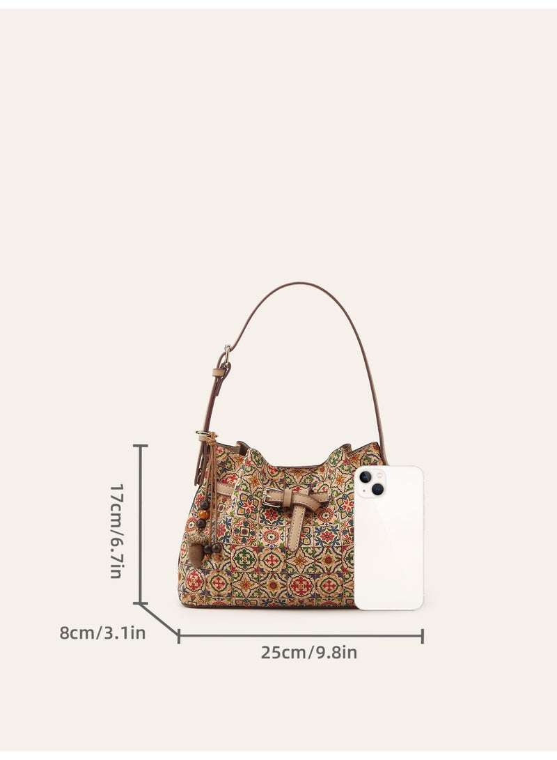 Vintage Mosaic Floral Hobo Shoulder Bag Adjustable Strap Casual Daily Crossbody Handbag - Image 2