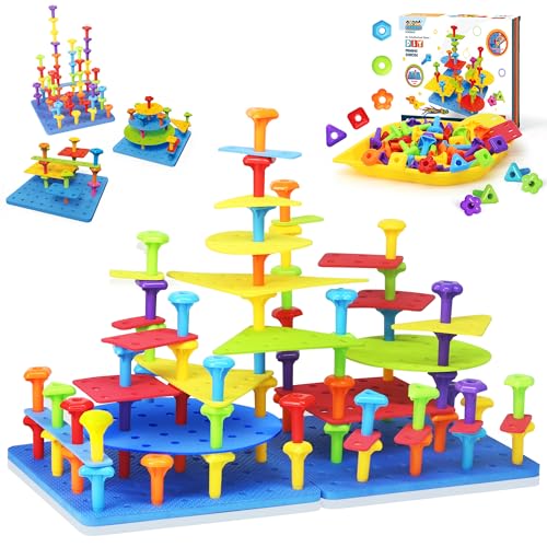 Ggiibro Peg Board Toy Set 101Pcs DIY Building Stacking Toys for Kids 36 Years OldSTEM Educational Kids Toy for Brain DevelopmentMontessori Sensory ToysPlastic Lacing String Game - Image 1