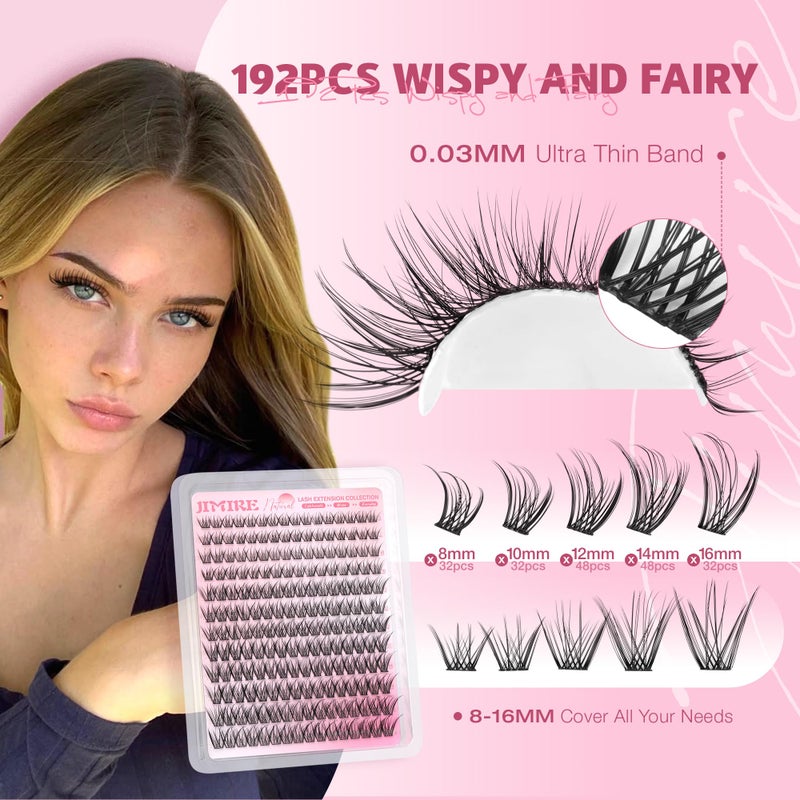 JIMIRE Natural Lash Clusters Wispy Eyelash Clusters 192Pcs C-Curly Cluster Eyelash Extensions 8-16MM PestaÃ±as Postizas Naturales Lash Extensions Easy to Apply DIY at Home by Self - Image 3