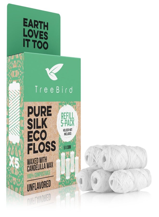 TreeBird Unflavored Pure Silk Eco Floss Refills | Pack of 5 x 33yd Silk Dental Floss Spools | Waxed with Candelilla Wax - Image 1