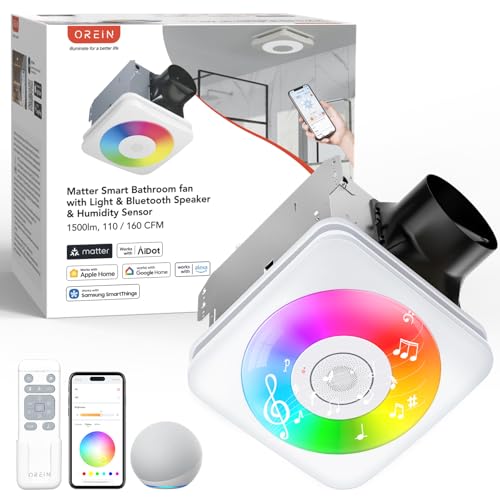 OREiN 4-in-1 Matter Smart Bathroom Exhaust Fan with Light, Bluetooth Speaker & Humidity Sensor, 110/160 CFM, 1500LM 2700K-6500K, Alexa/App/Remote Control, Required Ceiling Opening 11.39"x10.42" - Image 1