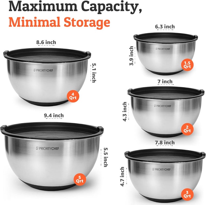 Priority Chef Premium Mixing Bowls With Lids Set, Airtight Lids, Thicker Stainless Steel, Non-Slip Base, 5 Nesting Steel Bowls for Kitchen, Large Prep Metal Bowl Set 1.5/2/3/4/5 Qt, Black - Image 3
