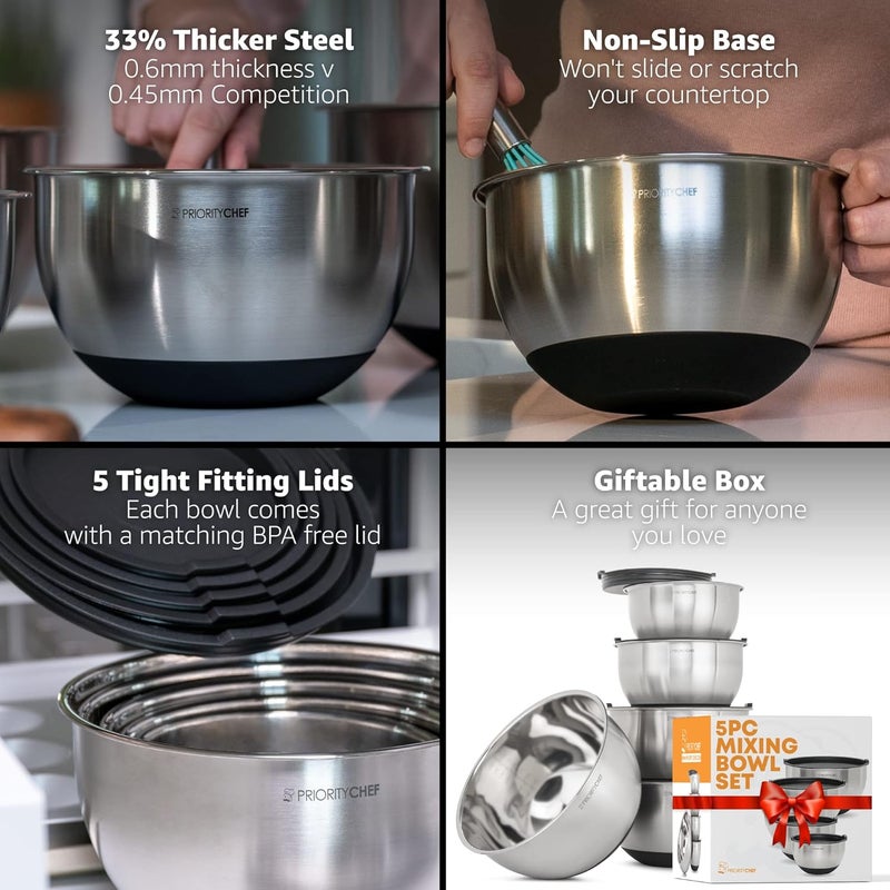 Priority Chef Premium Mixing Bowls With Lids Set, Airtight Lids, Thicker Stainless Steel, Non-Slip Base, 5 Nesting Steel Bowls for Kitchen, Large Prep Metal Bowl Set 1.5/2/3/4/5 Qt, Black - Image 2