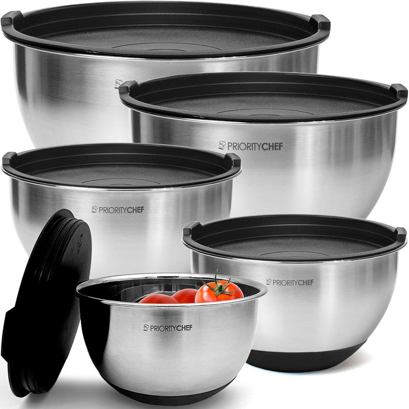 Priority Chef Premium Mixing Bowls With Lids Set, Airtight Lids, Thicker Stainless Steel, Non-Slip Base, 5 Nesting Steel Bowls for Kitchen, Large Prep Metal Bowl Set 1.5/2/3/4/5 Qt, Black - Image 1