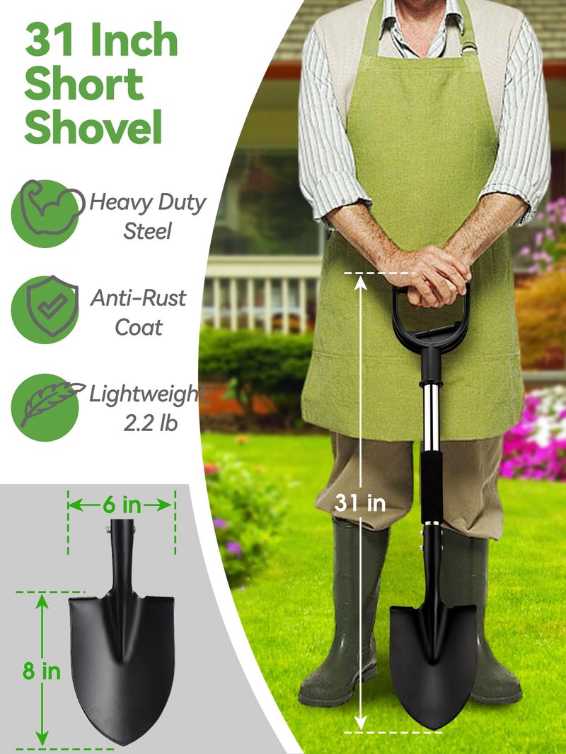 Feblomst Shovel, 31 inch Small Shovels for Digging Gardening, Camping, Off Road Car Snow Removal Tools, Heavy Duty Short Metal Garden Shovel with Round Point Blade, D-Handle Grip, Footstep, Kids Mini Spade - Image 2