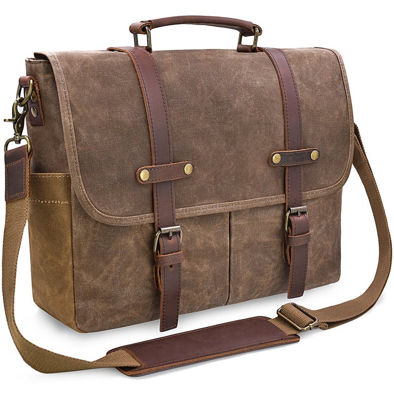 NEWHEY Mens Messenger Bag 15.6 Inch Waterproof Vintage Genuine Leather Waxed Canvas Briefcase Large Leather Computer Laptop Bag Rugged Satchel Shoulder Bag, Brown - Image 1