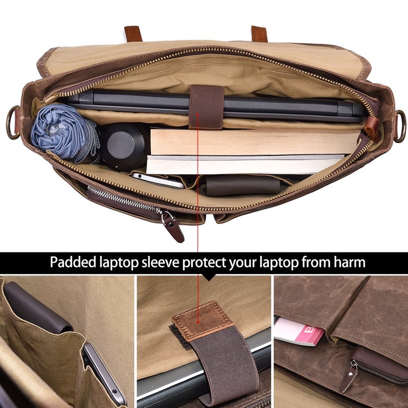 NEWHEY Mens Messenger Bag 15.6 Inch Waterproof Vintage Genuine Leather Waxed Canvas Briefcase Large Leather Computer Laptop Bag Rugged Satchel Shoulder Bag, Brown - Image 4