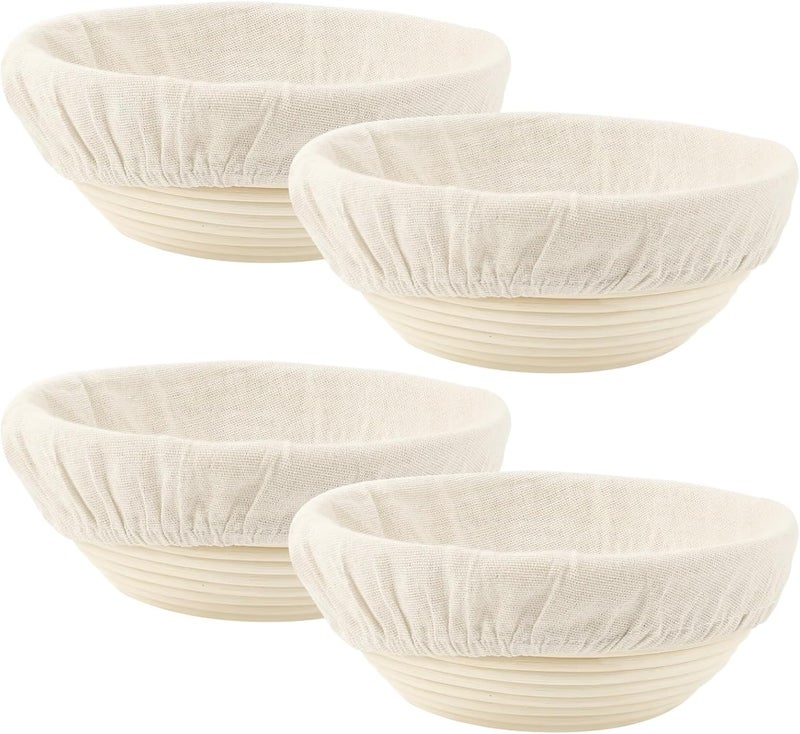 4 Pcs Round Proofing Baskets for Sourdough Baking, Woven Rattan, Includes Cloth Liners, Perfect for Home Use and Restaurants - Image 1