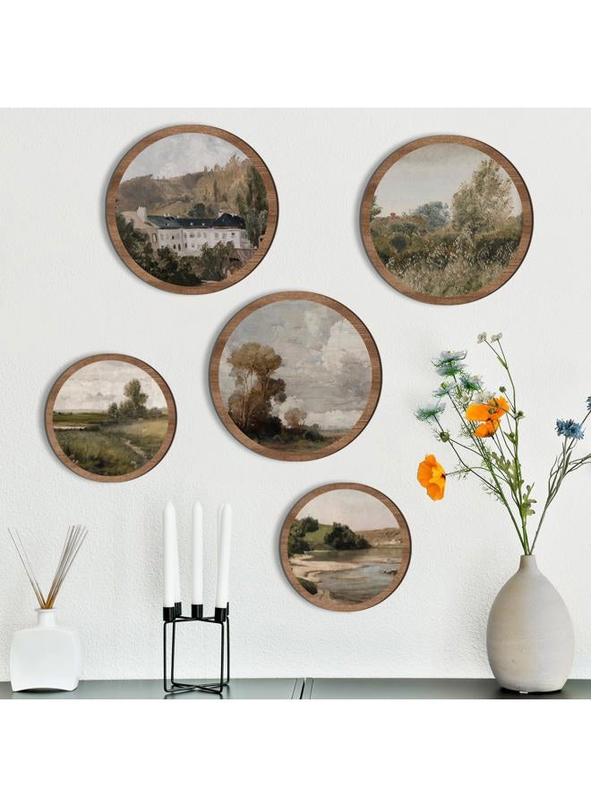 RattanView 5 Pcs Vintage Country Wall Decor Farmhouse Wooden Round Wall Art Set Rustic Prints Retro Classical Landscape Hanging Pictures Decor for Living Room Kitchen Office Bathroom 10'' and 8'' - Image 3