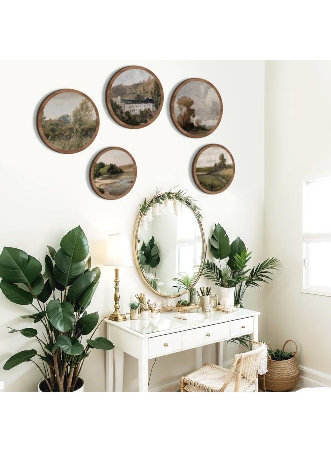 RattanView 5 Pcs Vintage Country Wall Decor Farmhouse Wooden Round Wall Art Set Rustic Prints Retro Classical Landscape Hanging Pictures Decor for Living Room Kitchen Office Bathroom 10'' and 8'' - Image 5