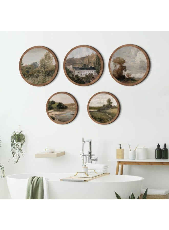 RattanView 5 Pcs Vintage Country Wall Decor Farmhouse Wooden Round Wall Art Set Rustic Prints Retro Classical Landscape Hanging Pictures Decor for Living Room Kitchen Office Bathroom 10'' and 8'' - Image 4