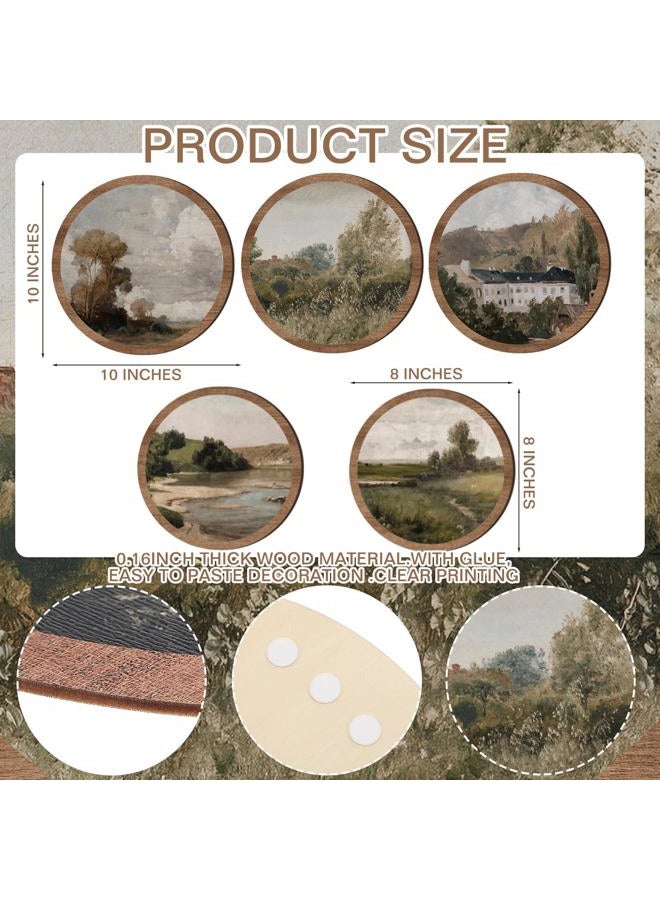 RattanView 5 Pcs Vintage Country Wall Decor Farmhouse Wooden Round Wall Art Set Rustic Prints Retro Classical Landscape Hanging Pictures Decor for Living Room Kitchen Office Bathroom 10'' and 8'' - Image 2