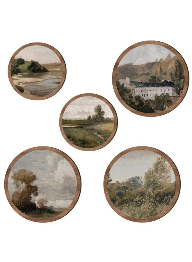 RattanView 5 Pcs Vintage Country Wall Decor Farmhouse Wooden Round Wall Art Set Rustic Prints Retro Classical Landscape Hanging Pictures Decor for Living Room Kitchen Office Bathroom 10'' and 8'' - Image 1