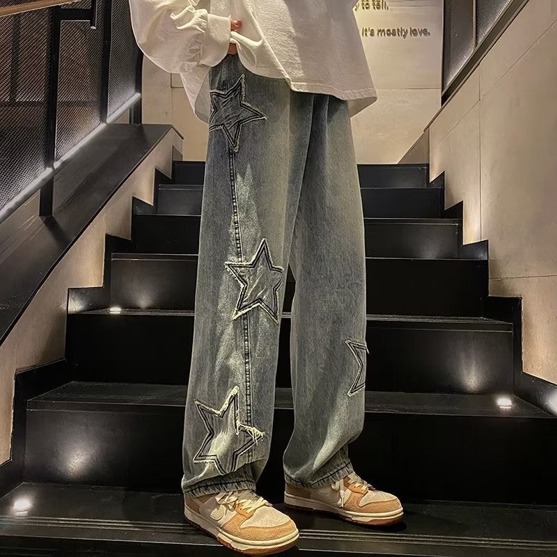 Street Fashion Brand Loose Straight Wide-Leg Long Pants American Retro Five-Pointed Star Embroidered Jeans For Men And Women In Spring And Autum - Image 3