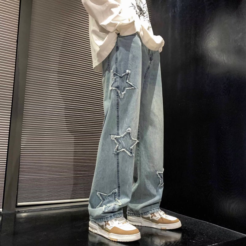 Street Fashion Brand Loose Straight Wide-Leg Long Pants American Retro Five-Pointed Star Embroidered Jeans For Men And Women In Spring And Autum - Image 2