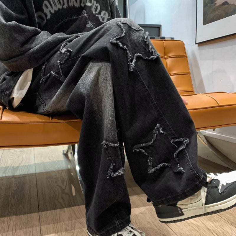 Street Fashion Brand Loose Straight Wide-Leg Long Pants American Retro Five-Pointed Star Embroidered Jeans For Men And Women In Spring And Autum - Image 4